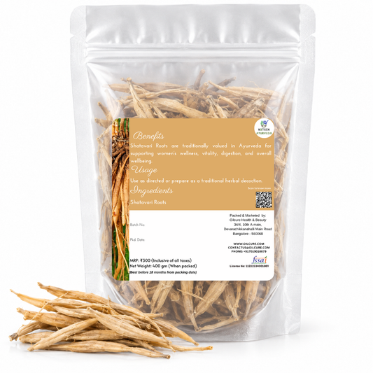 Premium Shatavari Roots in a transparent stand-up pouch with naturally dried Shatavari root pieces for traditional Ayurvedic and herbal use.