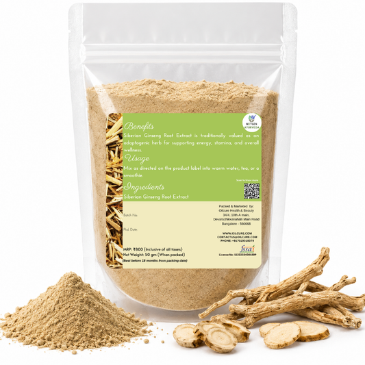 Premium Siberian Ginseng Root Extract in a transparent stand-up pouch with concentrated Eleutherococcus senticosus root extract for herbal wellness.