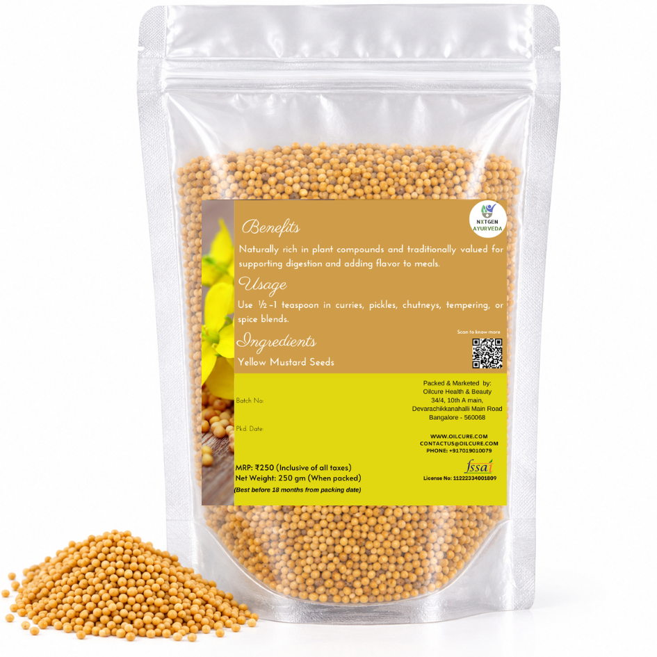 Premium Yellow Mustard Seeds in a transparent stand-up pouch with whole golden-yellow mustard seeds for cooking, seasoning, pickling, and traditional culinary use.