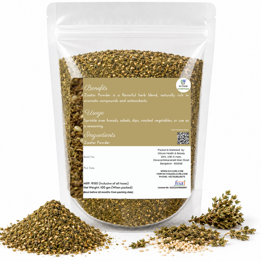 Premium Zaatar Powder in a transparent stand-up pouch with a fragrant blend of herbs and spices for seasoning, cooking, and Middle Eastern dishes.