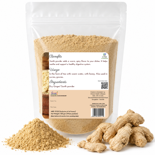 Premium Sonth (Dry Ginger) Powder 100 gms in a transparent stand-up pouch with finely ground dried ginger for cooking, seasoning, and herbal use.
