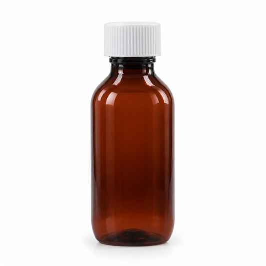 100 ml Amber Color PET Bottle, empty and designed for storing and dispensing herbal oils, liquids, extracts, and other formulations.