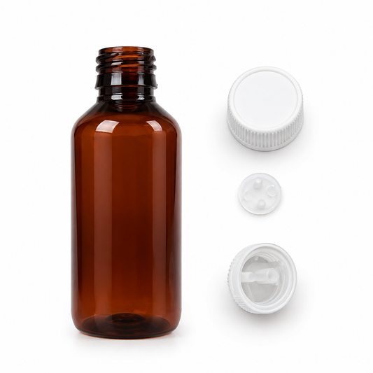 100 ml Amber Color PET Bottle, empty and designed for storing and dispensing herbal oils, liquids, extracts, and other formulations.