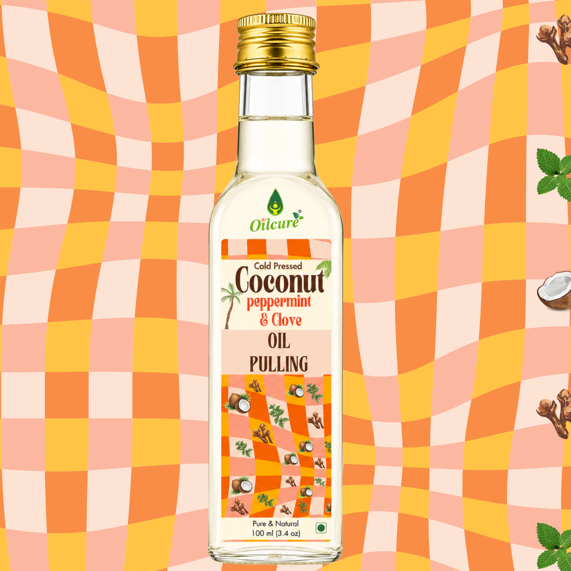 Oilcure Cold Pressed Coconut Peppermint Clove Oil Pulling Oil bottle