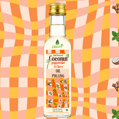 Oilcure Cold Pressed Coconut Peppermint Clove Oil Pulling Oil bottle