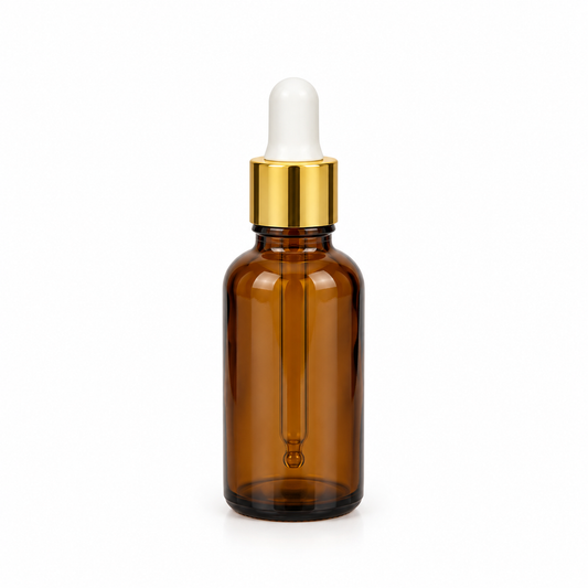 30 ml Amber Glass Bottle with Glass Dropper, empty and designed for storing and dispensing oils, serums, extracts, and liquid formulations.