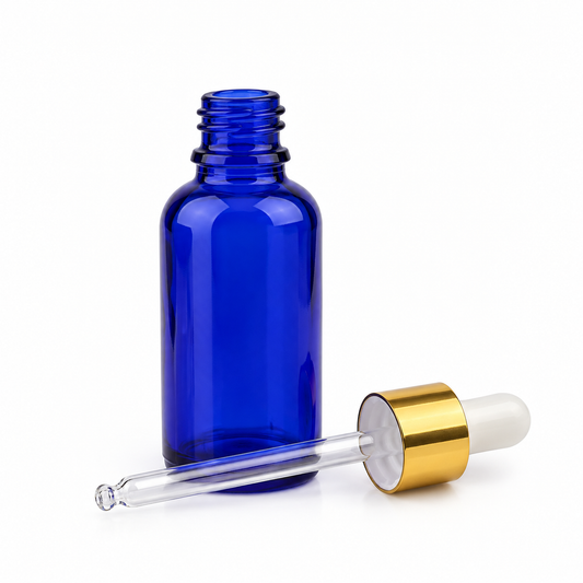 30 ml Blue Glass Essential Oil Bottle with a secure dropper-style closure, empty and designed for storing and dispensing essential oils and liquid formulations.
