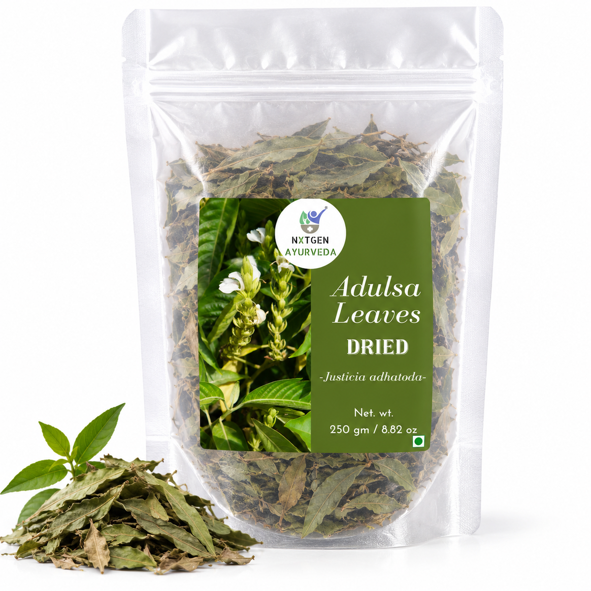 Premium Adulsa Leaves in a transparent stand-up pouch with naturally dried leaves for traditional Ayurvedic and herbal use.