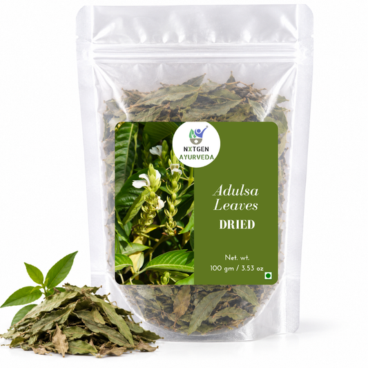 Premium Adulsa Leaves in a transparent stand-up pouch with naturally dried leaves for traditional Ayurvedic and herbal use.