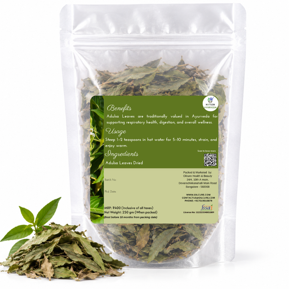 Premium Adulsa Leaves in a transparent stand-up pouch with naturally dried leaves for traditional Ayurvedic and herbal use.