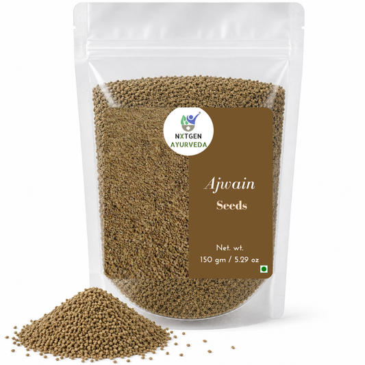 Premium Ajwain 150 gms in a transparent stand-up pouch with natural whole carom seeds for cooking, seasoning, and traditional herbal use.
