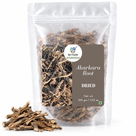 Premium Dried Akarkara Root in a transparent stand-up pouch with naturally dried roots for traditional Ayurvedic and herbal use.