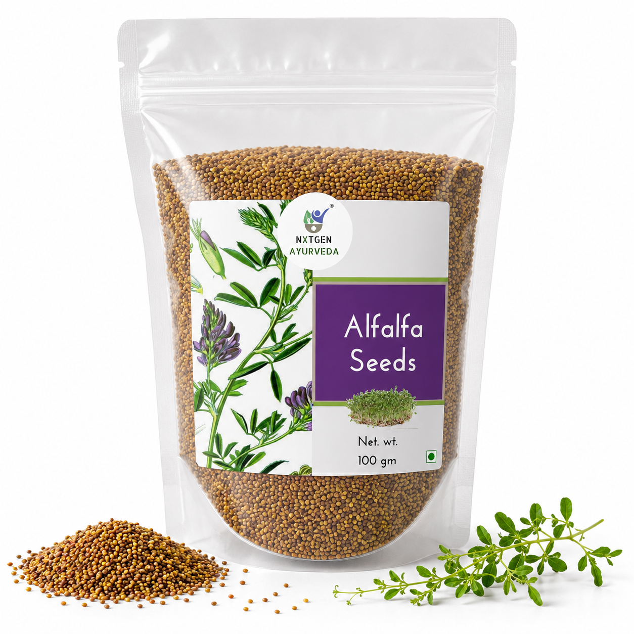 Premium Alfalfa Seeds in a transparent stand-up pouch with natural whole seeds for sprouting, growing microgreens, and healthy use.