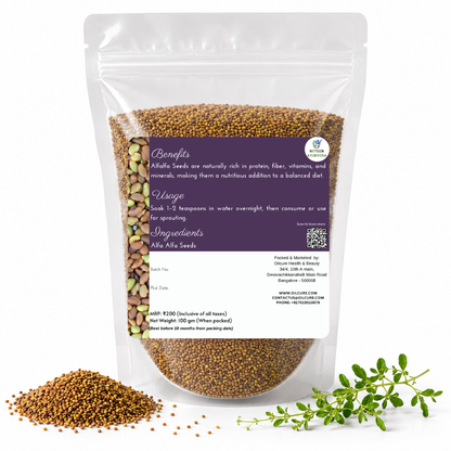 Premium Alfalfa Seeds in a transparent stand-up pouch with natural whole seeds for sprouting, growing microgreens, and healthy use.
