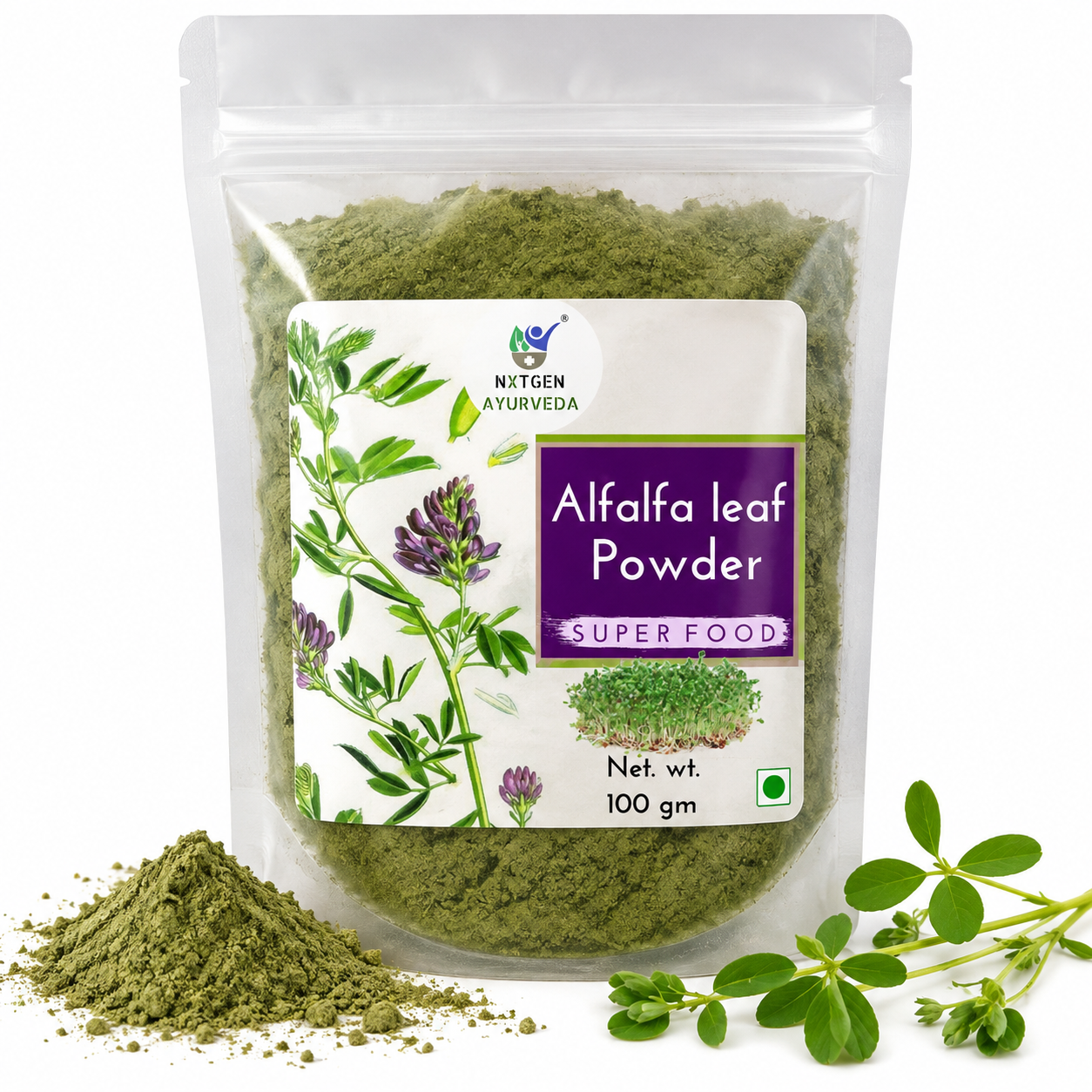 Premium Alfalfa Leaf Powder in a transparent stand-up pouch with finely ground dried alfalfa leaves for smoothies, nutrition, and everyday wellness.