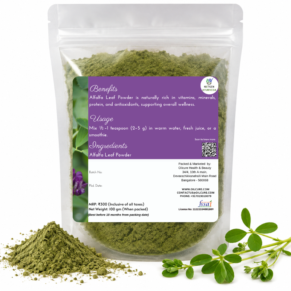 Premium Alfalfa Leaf Powder in a transparent stand-up pouch with finely ground dried alfalfa leaves for smoothies, nutrition, and everyday wellness.