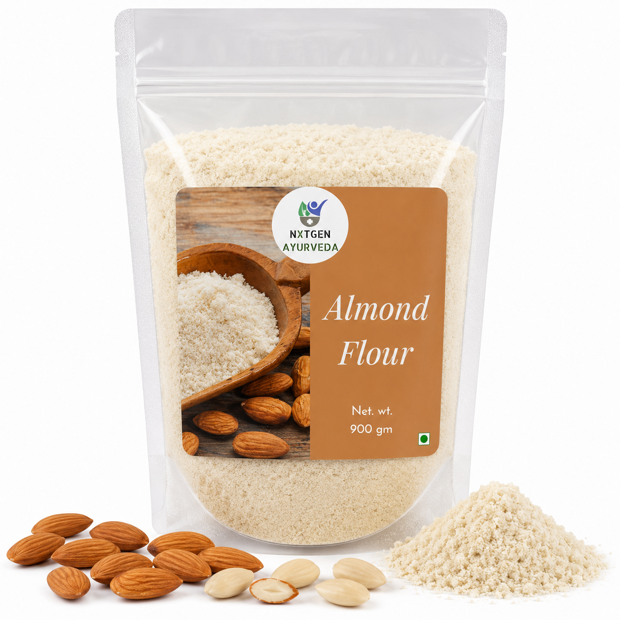 Premium Almond Flour in a transparent stand-up pouch with finely ground blanched almonds for baking, cooking, and gluten-free recipes.