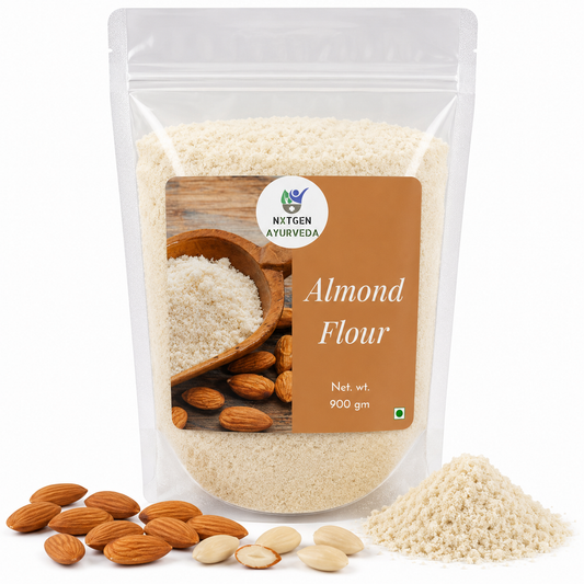 Premium Almond Flour in a transparent stand-up pouch with finely ground blanched almonds for baking, cooking, and gluten-free recipes.