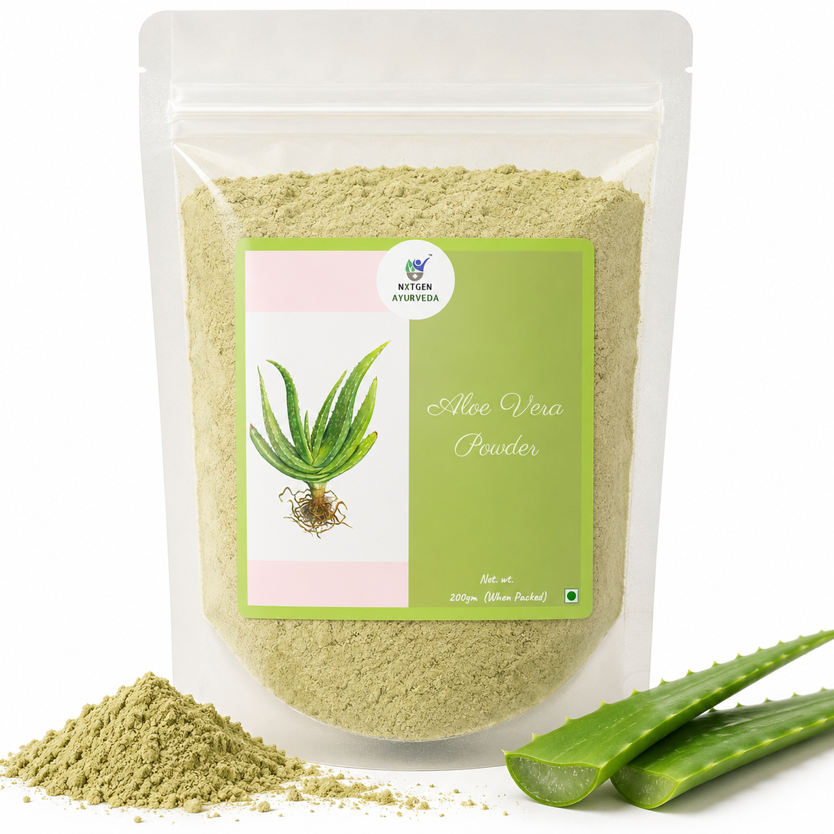 Premium Aloe Vera Powder in a transparent stand-up pouch with finely ground aloe vera for natural skincare, personal care, and wellness use.