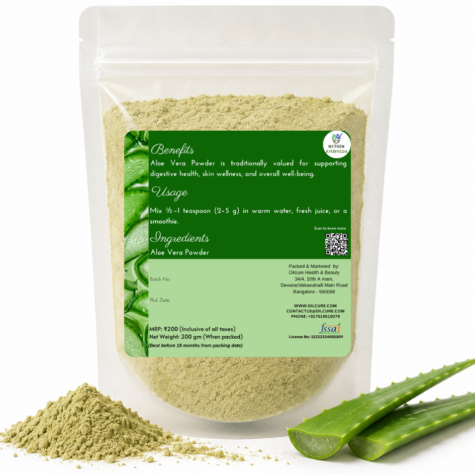 Premium Aloe Vera Powder in a transparent stand-up pouch with finely ground aloe vera for natural skincare, personal care, and wellness use.