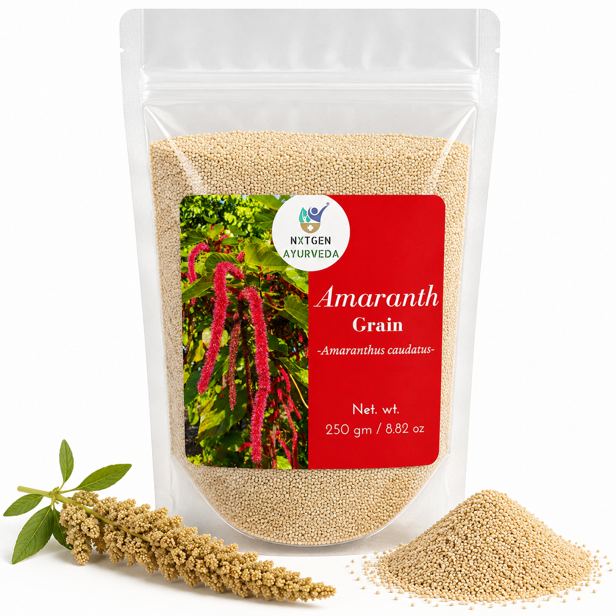 Premium Amaranth Grain in a transparent stand-up pouch with natural whole amaranth grains for cooking, baking, and healthy meals.