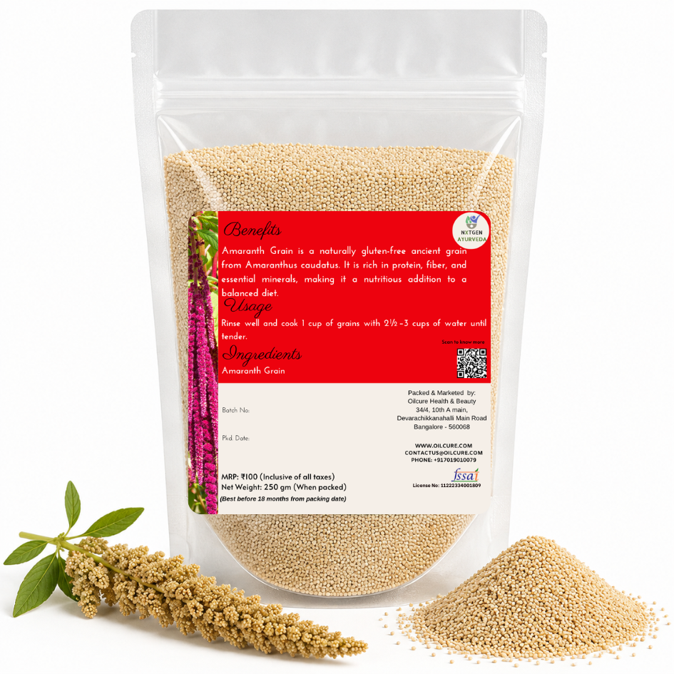 Premium Amaranth Grain in a transparent stand-up pouch with natural whole amaranth grains for cooking, baking, and healthy meals.