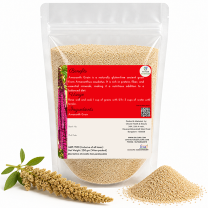 Premium Amaranth Grain in a transparent stand-up pouch with natural whole amaranth grains for cooking, baking, and healthy meals.