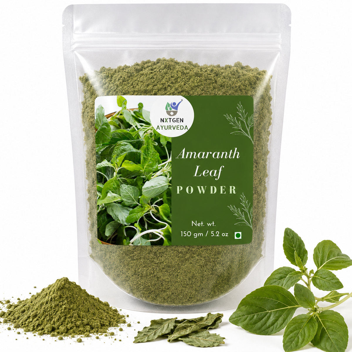 Premium Amaranth Leaf Powder in a transparent stand-up pouch with finely ground dried amaranth leaves for cooking, smoothies, and everyday nutrition.