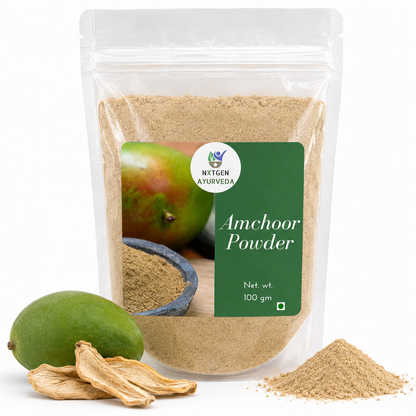 Premium Amchoor Powder in a transparent stand-up pouch with finely ground dried raw mango powder for cooking, seasoning, and authentic Indian recipes.