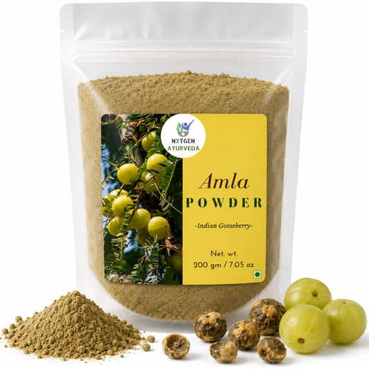 Premium  in a transparent stand-up pouch with finely ground dried Indian gooseberry for traditional Ayurvedic wellness and hair care