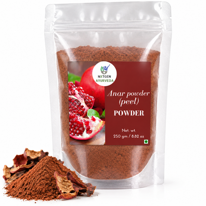 Premium Annar (Pomegranate) Peel Powder in a transparent stand-up pouch with finely ground dried pomegranate peel for traditional herbal and skincare use.