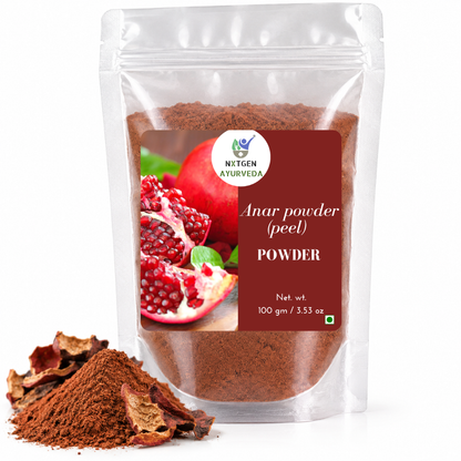 Premium Annar (Pomegranate) Peel Powder in a transparent stand-up pouch with finely ground dried pomegranate peel for traditional herbal and skincare use.