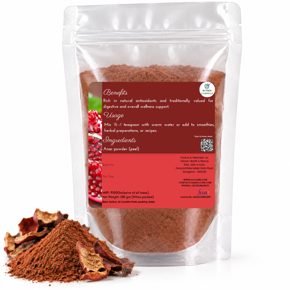 Premium Annar (Pomegranate) Peel Powder in a transparent stand-up pouch with finely ground dried pomegranate peel for traditional herbal and skincare use.