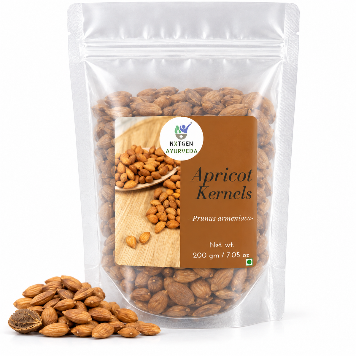 Premium Apricot Kernels in a transparent stand-up pouch with natural whole apricot kernels for cooking, baking, and everyday snacking.