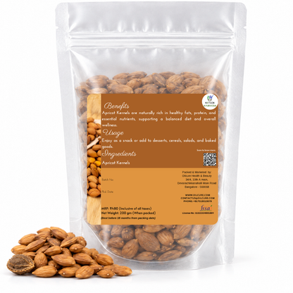 Premium Apricot Kernels in a transparent stand-up pouch with natural whole apricot kernels for cooking, baking, and everyday snacking.