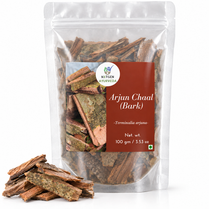 Premium Arjun Chaal (Bark) in a transparent stand-up pouch with naturally dried Arjuna bark for traditional Ayurvedic and herbal use.