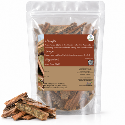 Premium Arjun Chaal (Bark) in a transparent stand-up pouch with naturally dried Arjuna bark for traditional Ayurvedic and herbal use.