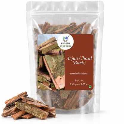 Premium Arjun Chaal (Bark) in a transparent stand-up pouch with naturally dried Arjuna bark for traditional Ayurvedic and herbal use.