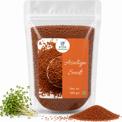 Premium Asaliya Seeds in a transparent stand-up pouch with natural whole garden cress seeds for traditional culinary and wellness use.