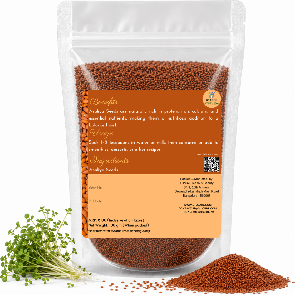 Premium Asaliya Seeds in a transparent stand-up pouch with natural whole garden cress seeds for traditional culinary and wellness use.