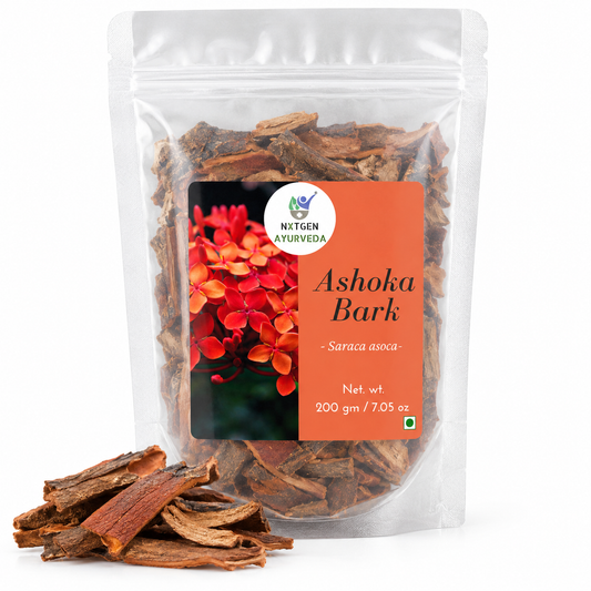 Premium Ashoka Bark in a transparent stand-up pouch with naturally dried Ashoka tree bark for traditional Ayurvedic and herbal use.