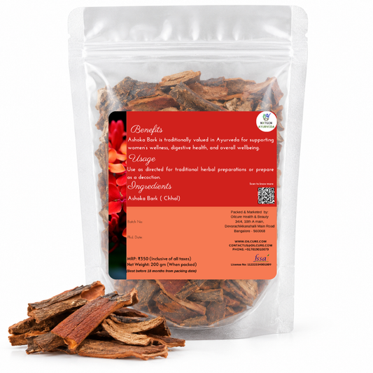 Premium Ashoka Bark in a transparent stand-up pouch with naturally dried Ashoka tree bark for traditional Ayurvedic and herbal use.