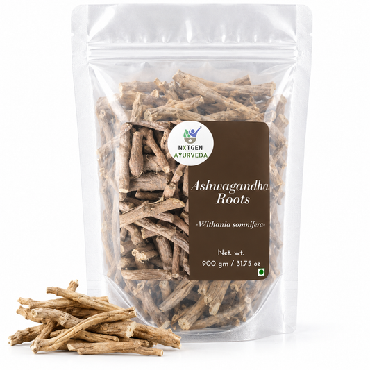 Premium Raw Ashwagandha Roots in a transparent stand-up pouch with naturally dried whole roots for traditional Ayurvedic and herbal use.