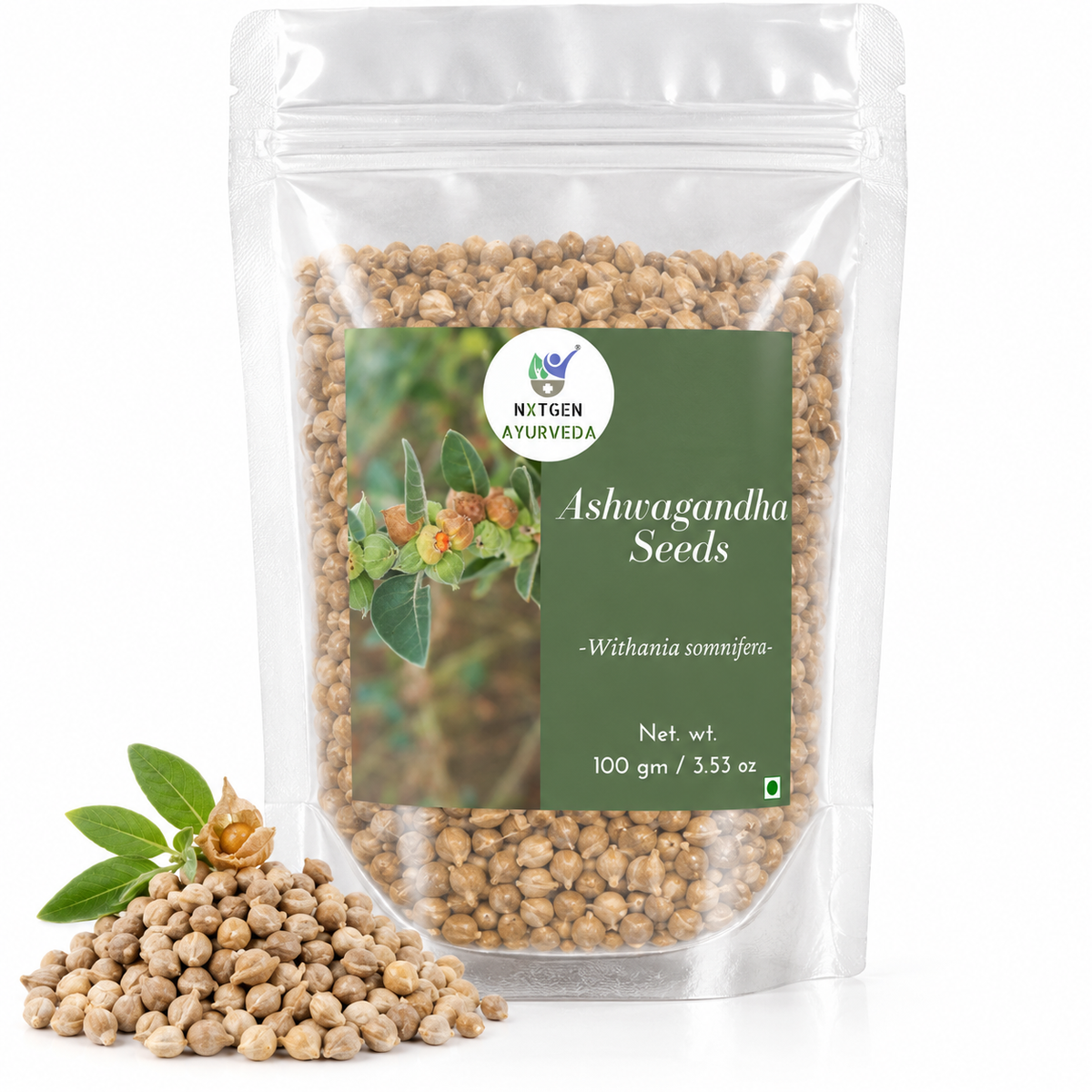 Premium Ashwagandha Seeds in a transparent stand-up pouch with natural whole seeds for traditional Ayurvedic and herbal use.