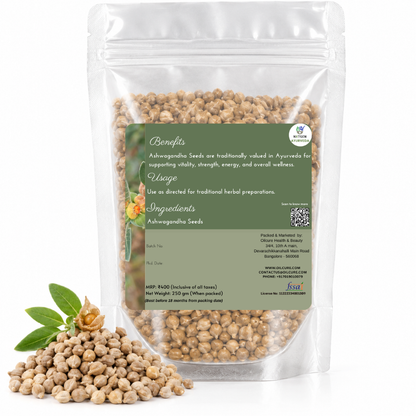 Premium Ashwagandha Seeds in a transparent stand-up pouch with natural whole seeds for traditional Ayurvedic and herbal use.