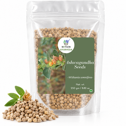 Premium Ashwagandha Seeds in a transparent stand-up pouch with natural whole seeds for traditional Ayurvedic and herbal use.
