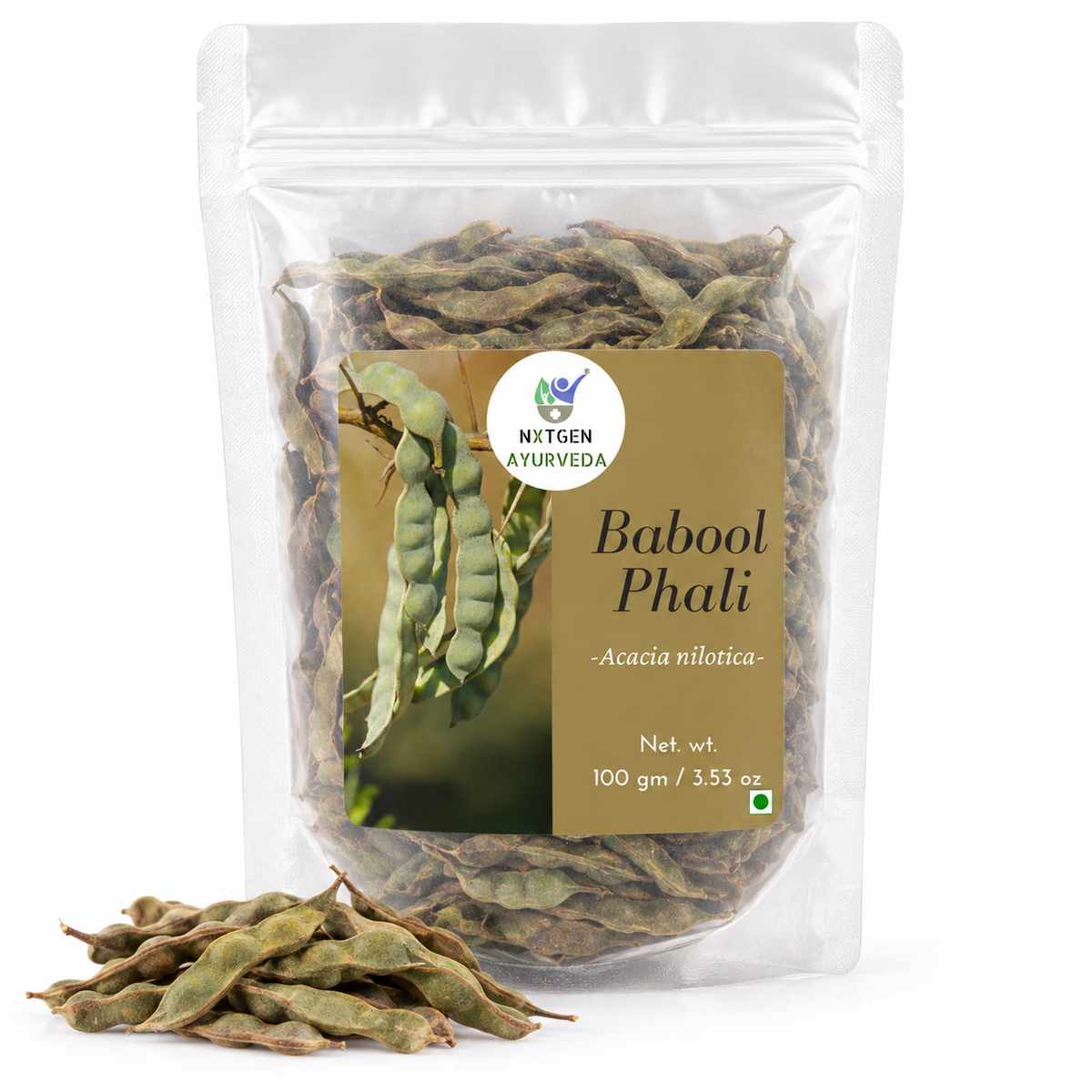 Premium Babool Phali (Kikar) in a transparent stand-up pouch with finely ground Babool pods for traditional Ayurvedic and herbal use.
