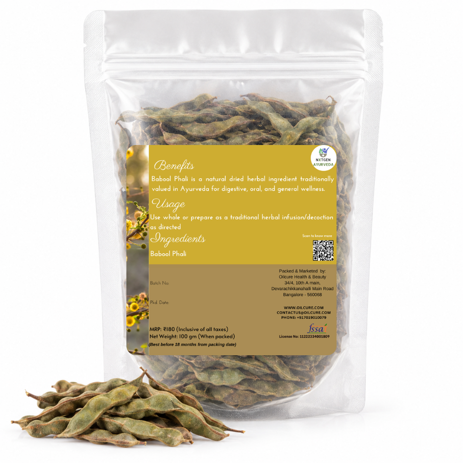 Premium Babool Phali (Kikar) in a transparent stand-up pouch with finely ground Babool pods for traditional Ayurvedic and herbal use.