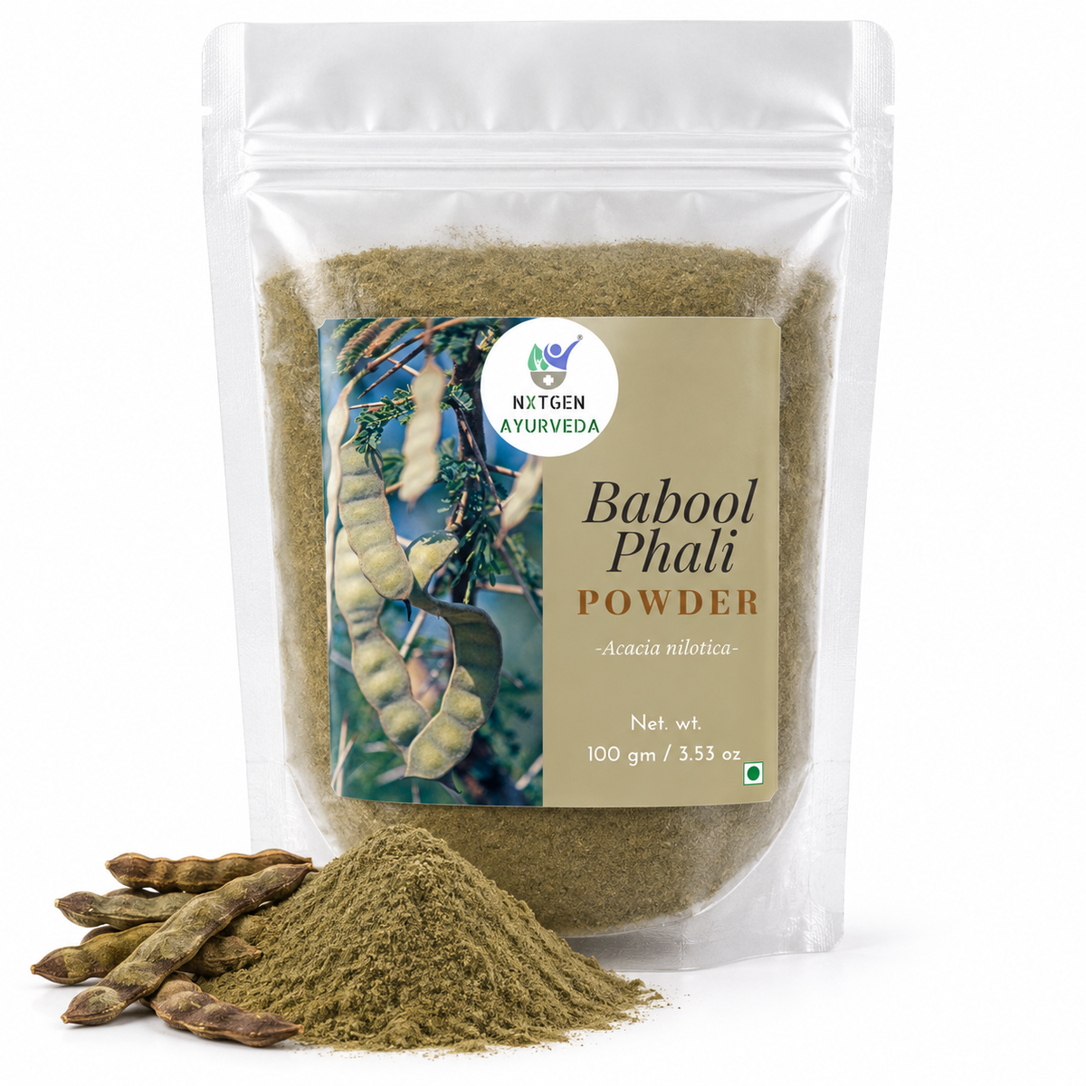 Premium Babool Phali (Kikar) Powder in a transparent stand-up pouch with finely ground Babool pods for traditional Ayurvedic and herbal use.