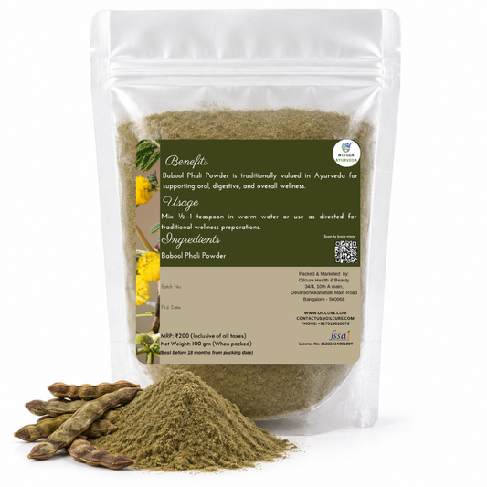 Premium Babool Phali (Kikar) Powder in a transparent stand-up pouch with finely ground Babool pods for traditional Ayurvedic and herbal use.